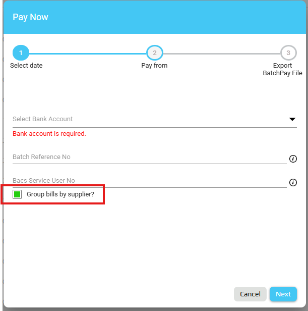 Group bills by supplier checkbox